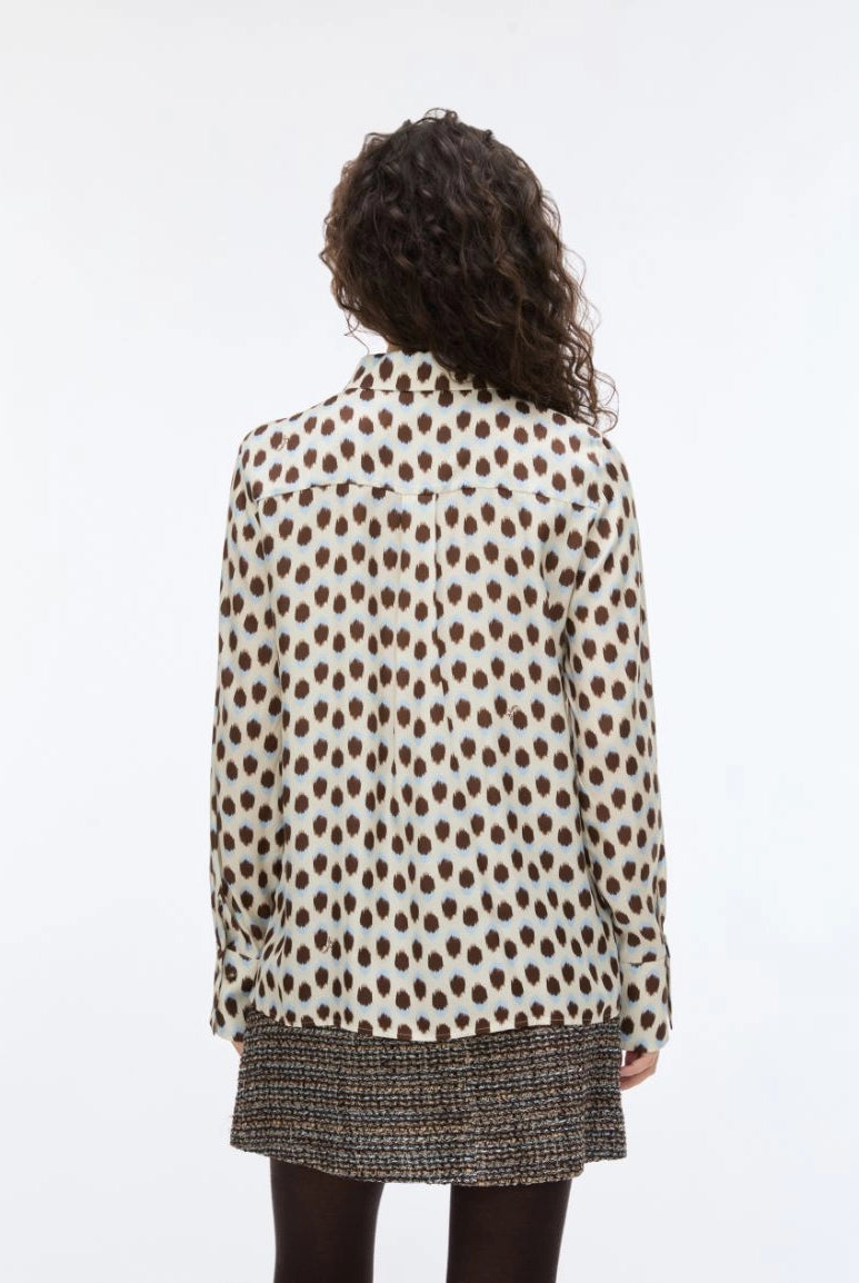 Back view of iBlues Iblodissea ivory and brown polka dot shirt