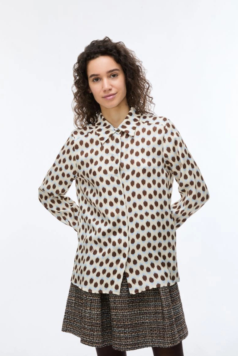 iBlues Iblodissea ivory and brown long sleeve polka dot shirt front view