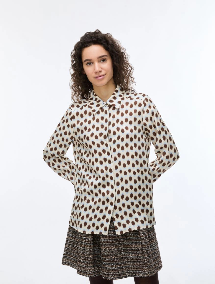 iBlues Iblodissea ivory and brown long sleeve polka dot shirt front view