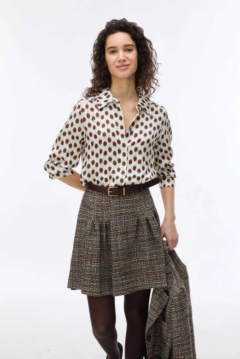 iBlues Iblodissea polka dot shirt styled with a brown checked mini skirt