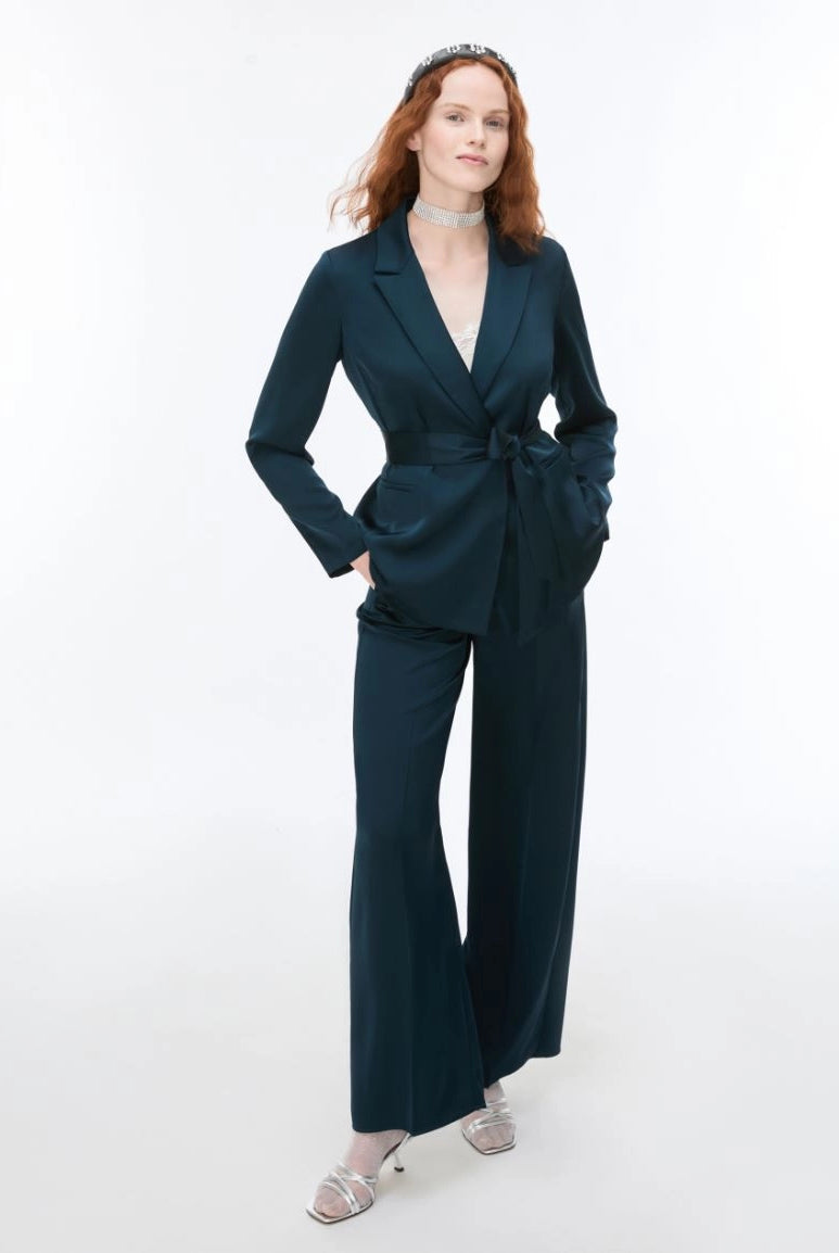 iBlues Iblpere dark teal satin straight leg trousers styled with matching blazer