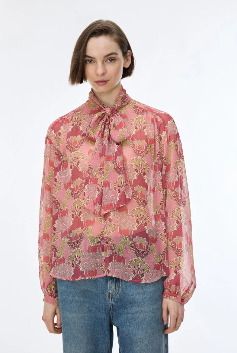 iBlues Iblsecolo pink floral print blouse with long sleeves and neck bow