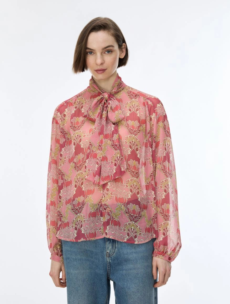 iBlues Iblsecolo pink floral print blouse with long sleeves and neck bow