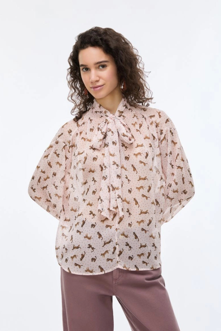 iBlues Iblsecolo pink leopard print tie neck blouse front view