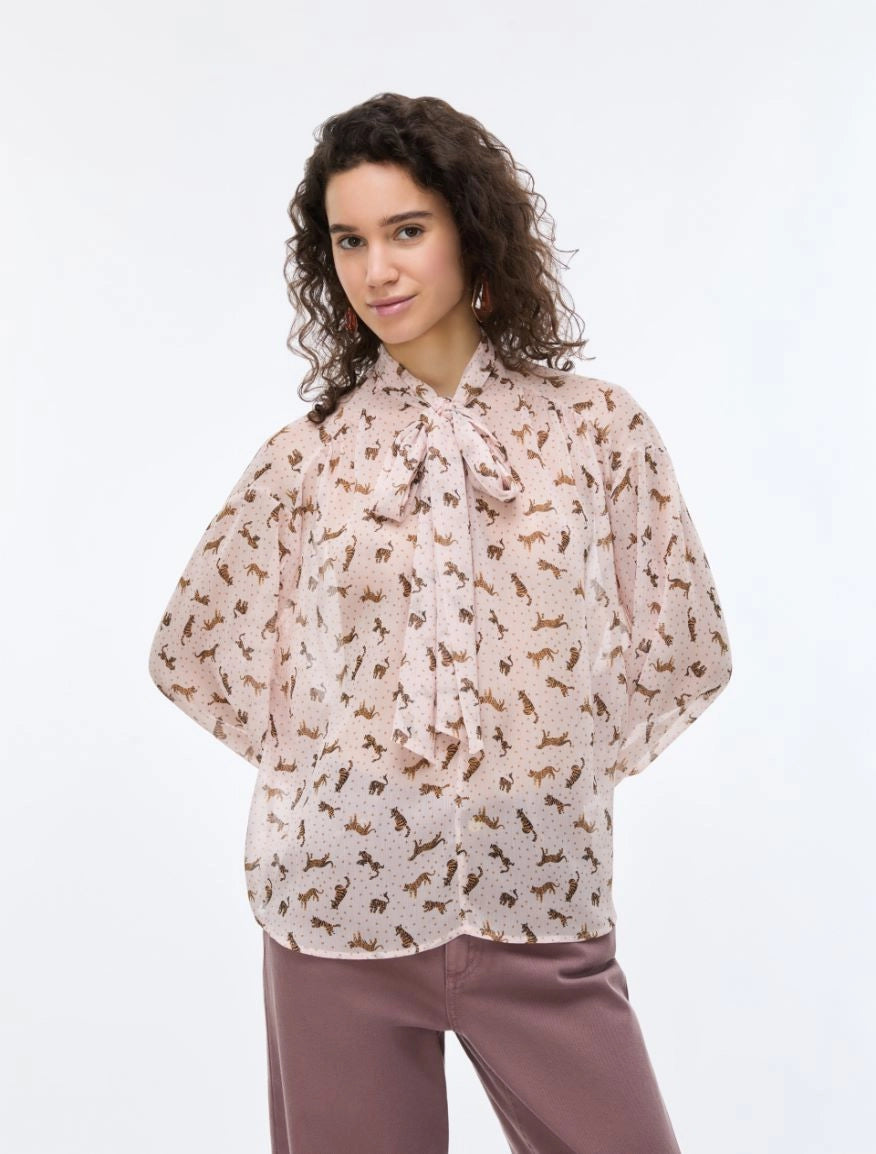 iBlues Iblsecolo pink leopard print tie neck blouse front view