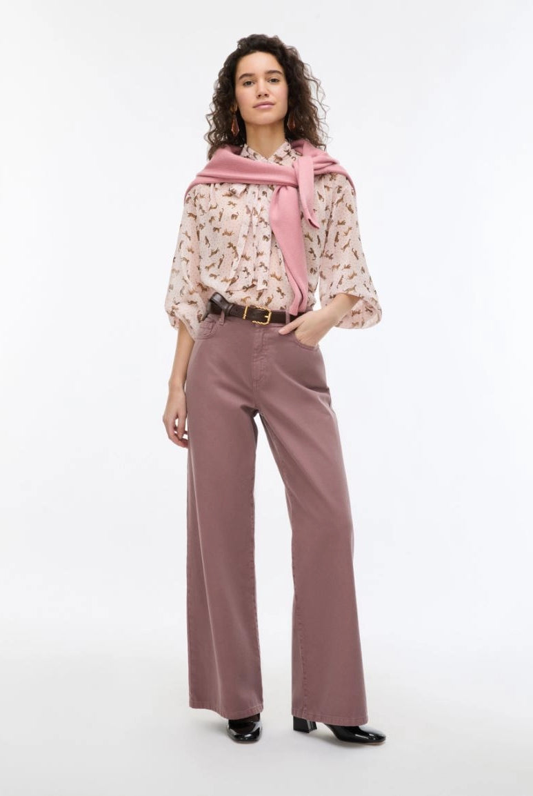 iBlues Iblsecolo pink animal print bow blouse styled with wide-leg trousers