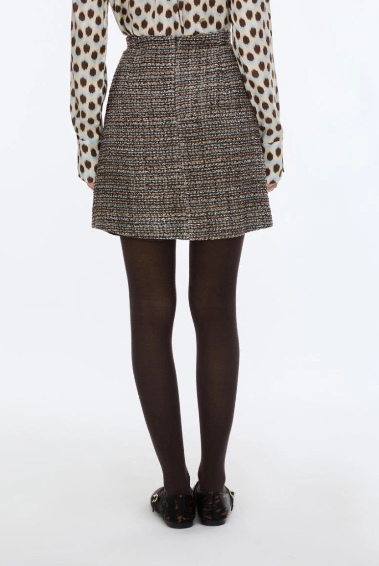 Back view of iBlues Iblundici brown check tweed mini skirt