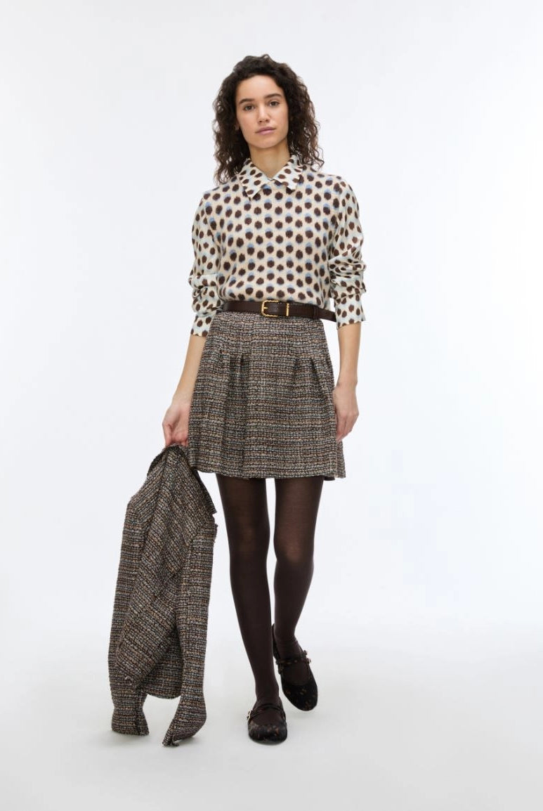 iBlues Iblundici tweed mini skirt styled with a printed shirt and tights