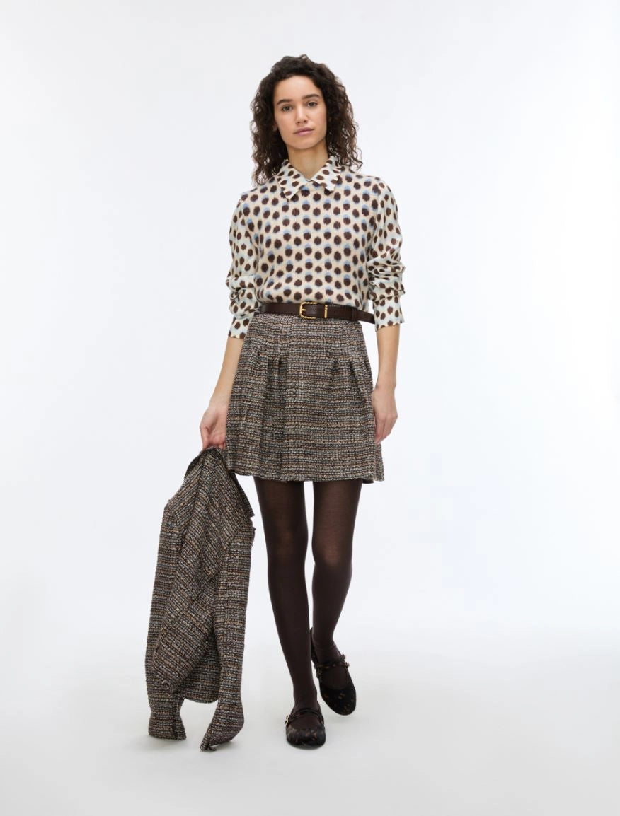 iBlues Iblundici tweed mini skirt styled with a printed shirt and tights