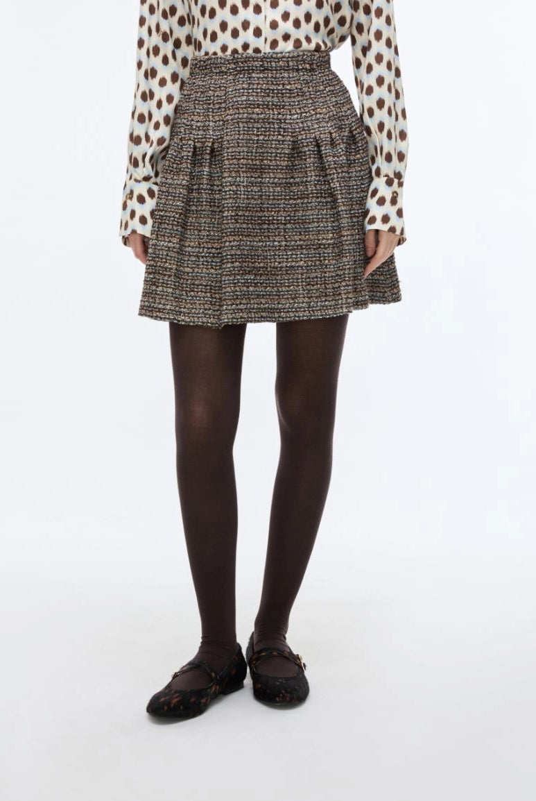 iBlues Iblundici brown check fitted A-line mini skirt full front view