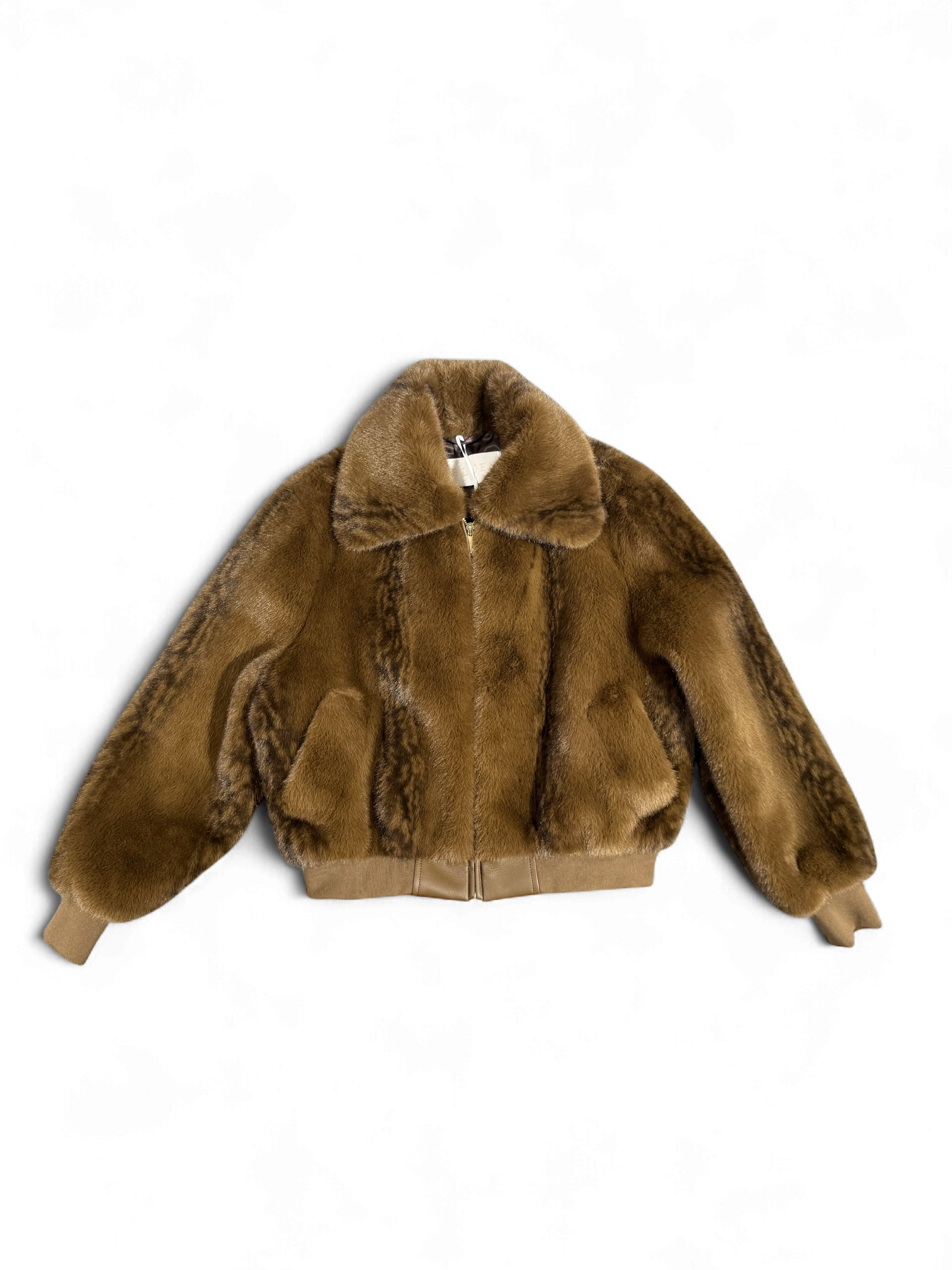 Iblues Kartal tan ladies faux fur bomber jacket flat lay front view