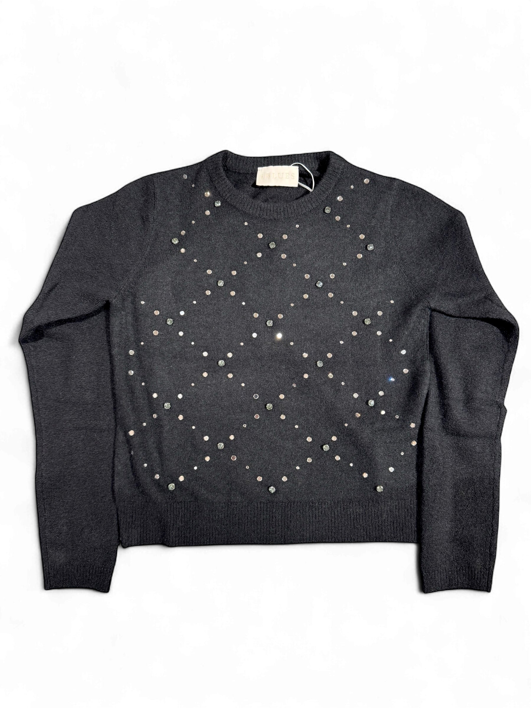 iBlues Luciana black knit jumper with diamond stud pattern, crew neck
