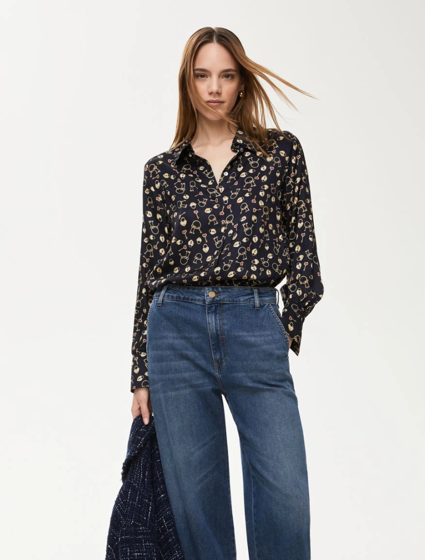 Front view of iBlues navy shirt with lock and key print