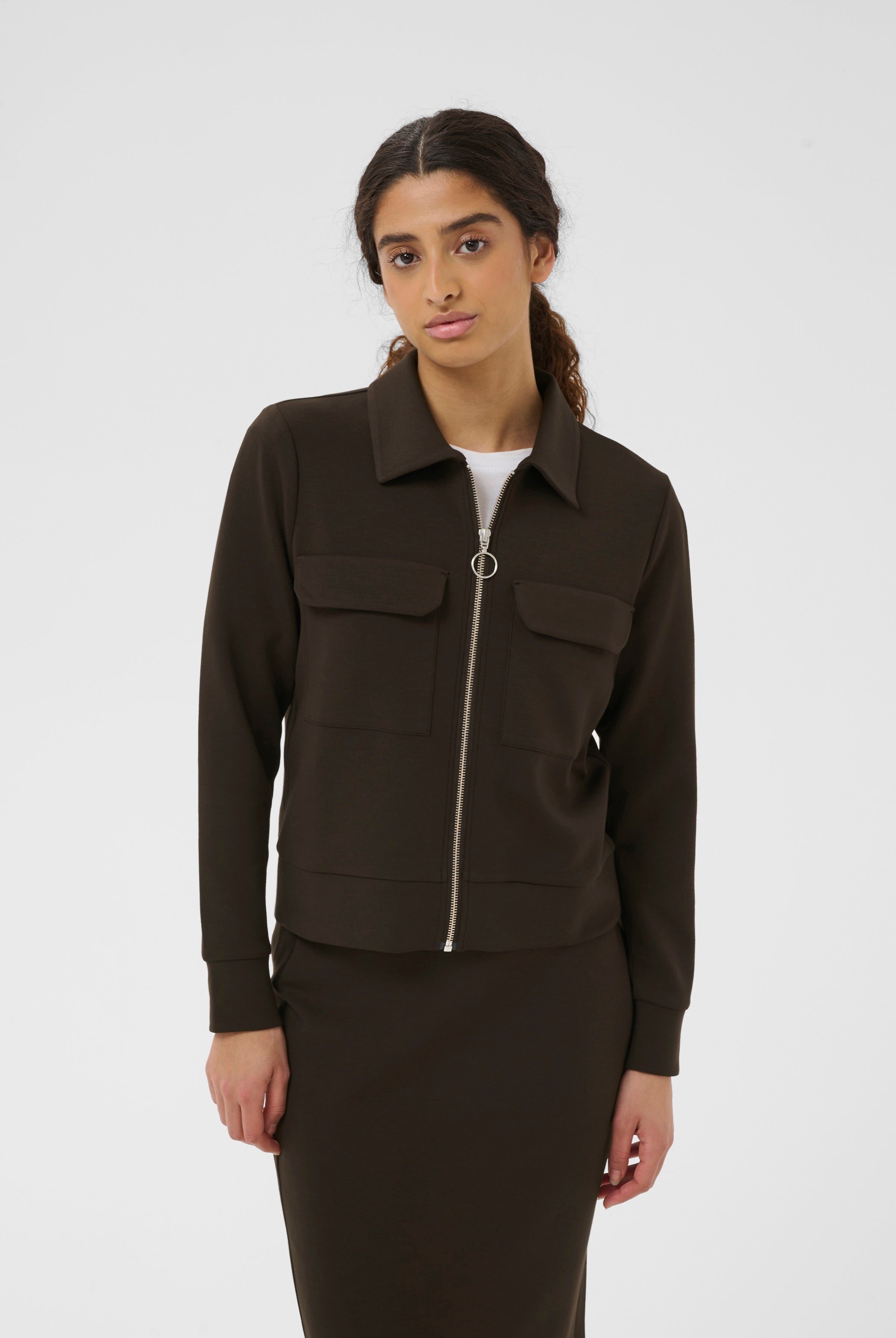 InWear Beca zip-up pocket detail jersey jacket in chocolate brown