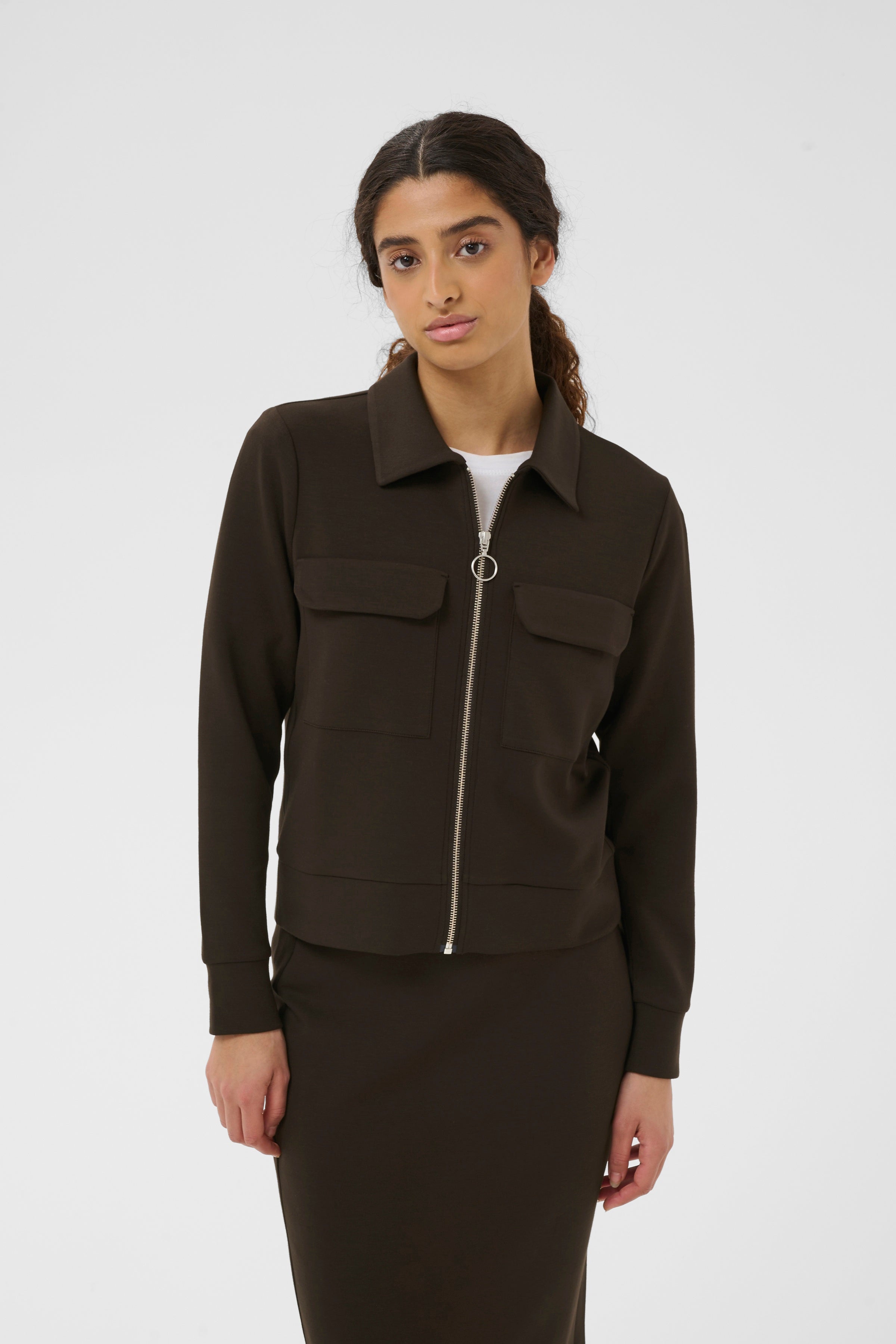 InWear Beca zip-up pocket detail jersey jacket in chocolate brown