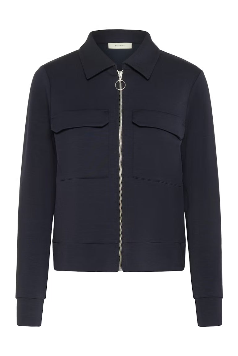 Flat image of InWear navy zip-up jersey jacket with patch pockets