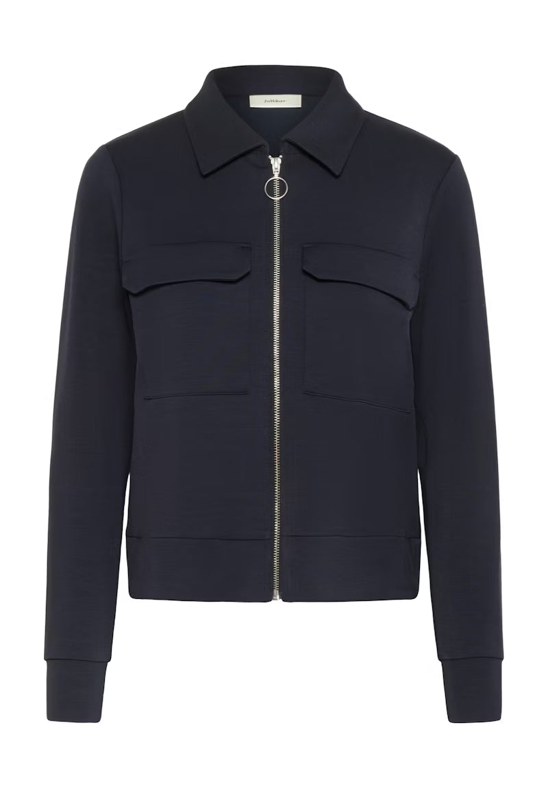Flat image of InWear navy zip-up jersey jacket with patch pockets