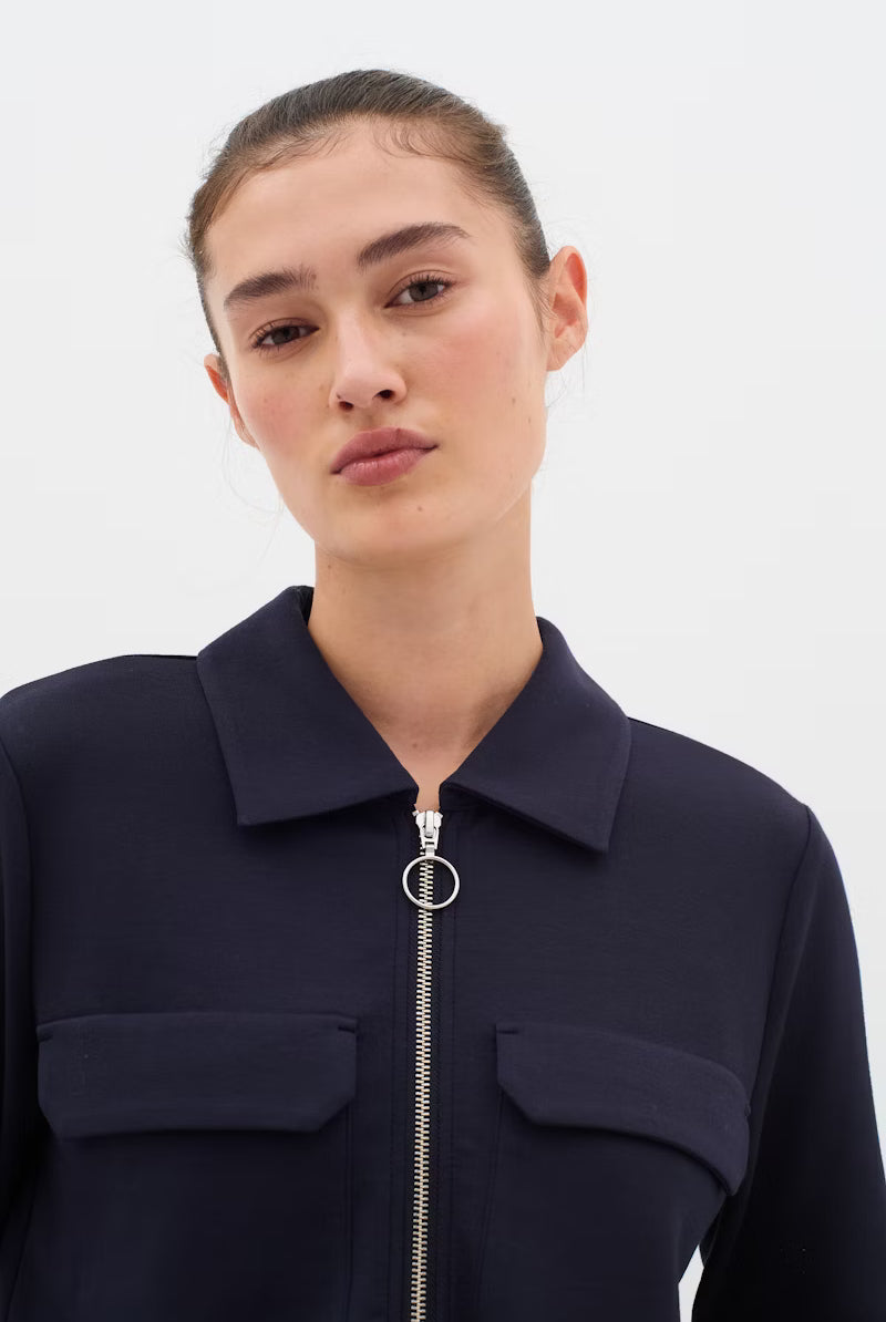 InWear BecaI navy sweat jacket close up of collar and front zip