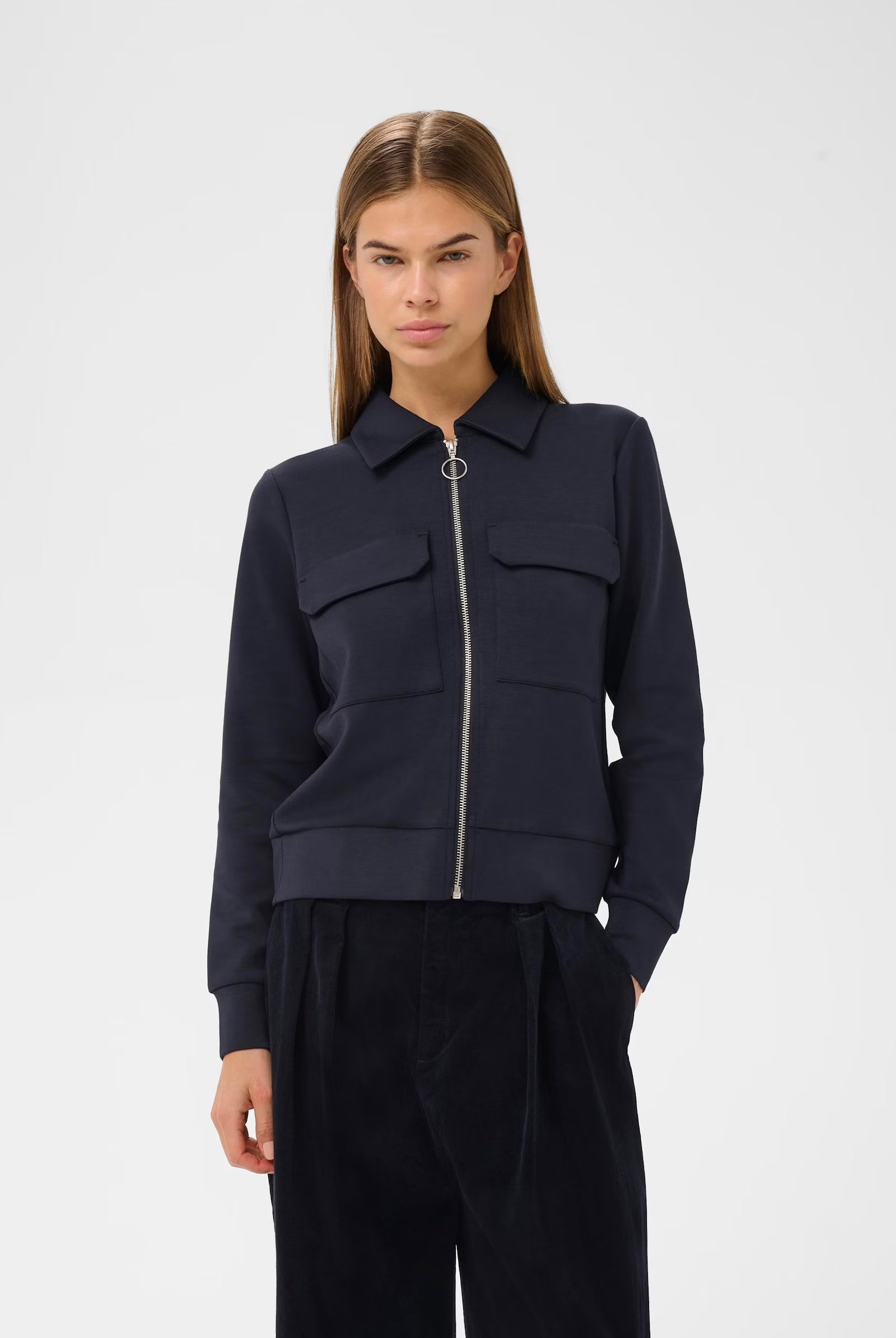 InWear BecaI navy sweat jacket with front zip and chest pockets