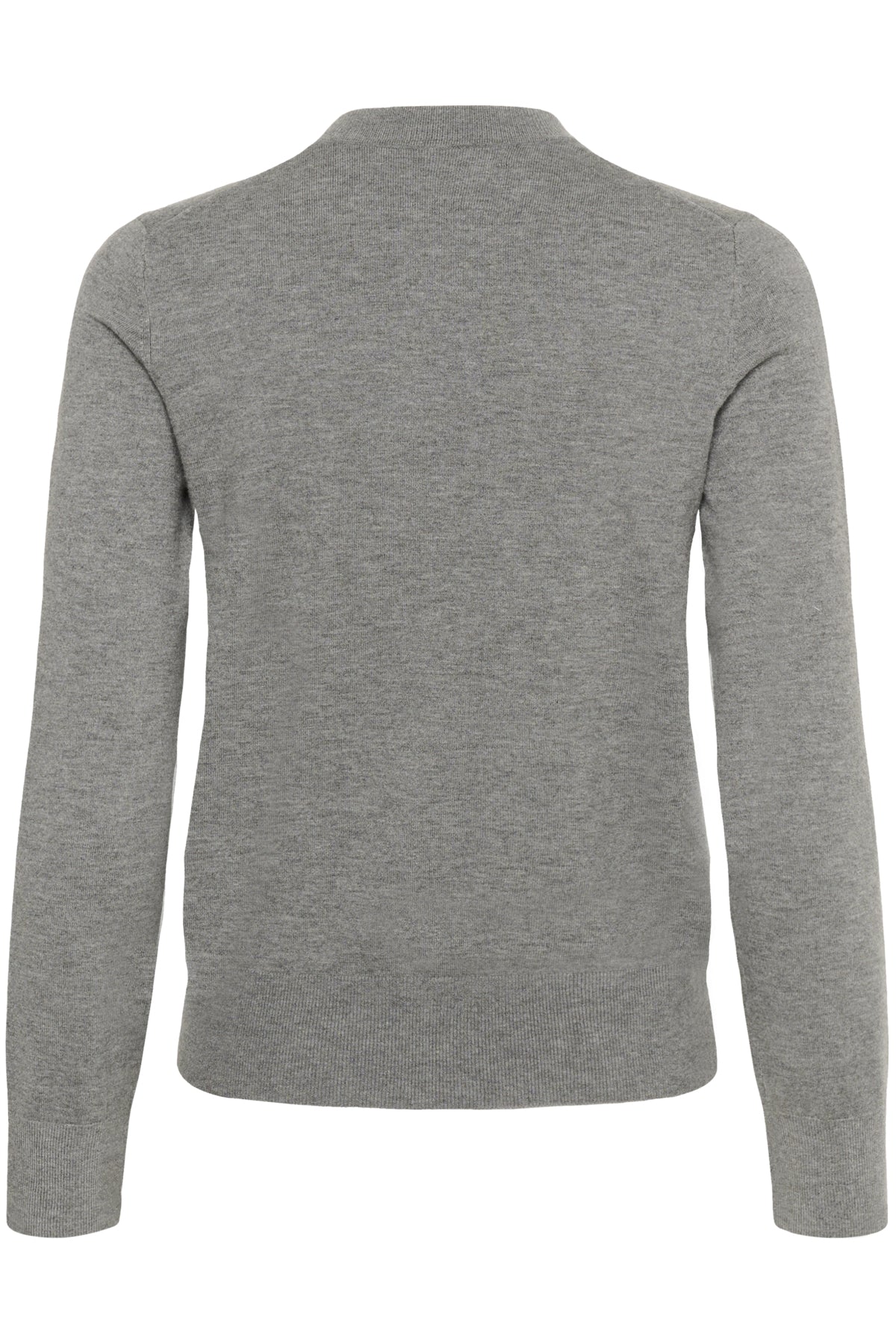 Back flat lay of grey wool-blend cardigan on white background