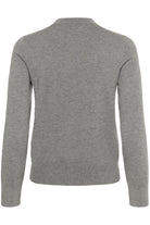 Back flat lay of grey wool-blend cardigan on white background