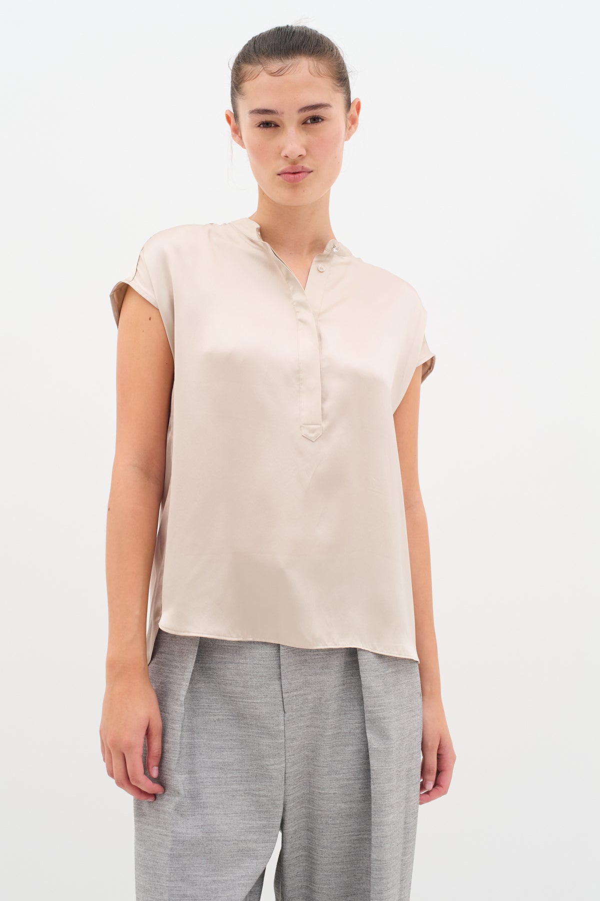 InWear Lucienne silk short sleeve blouse in neutral beige front view