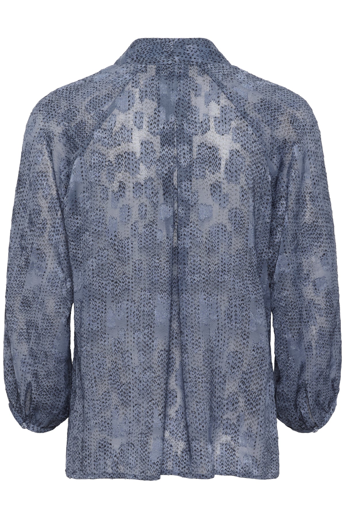 Inwear AddisonIW Blue Dot Print Blouse flat-lay back view, back yoke and sleeve gathers visible.