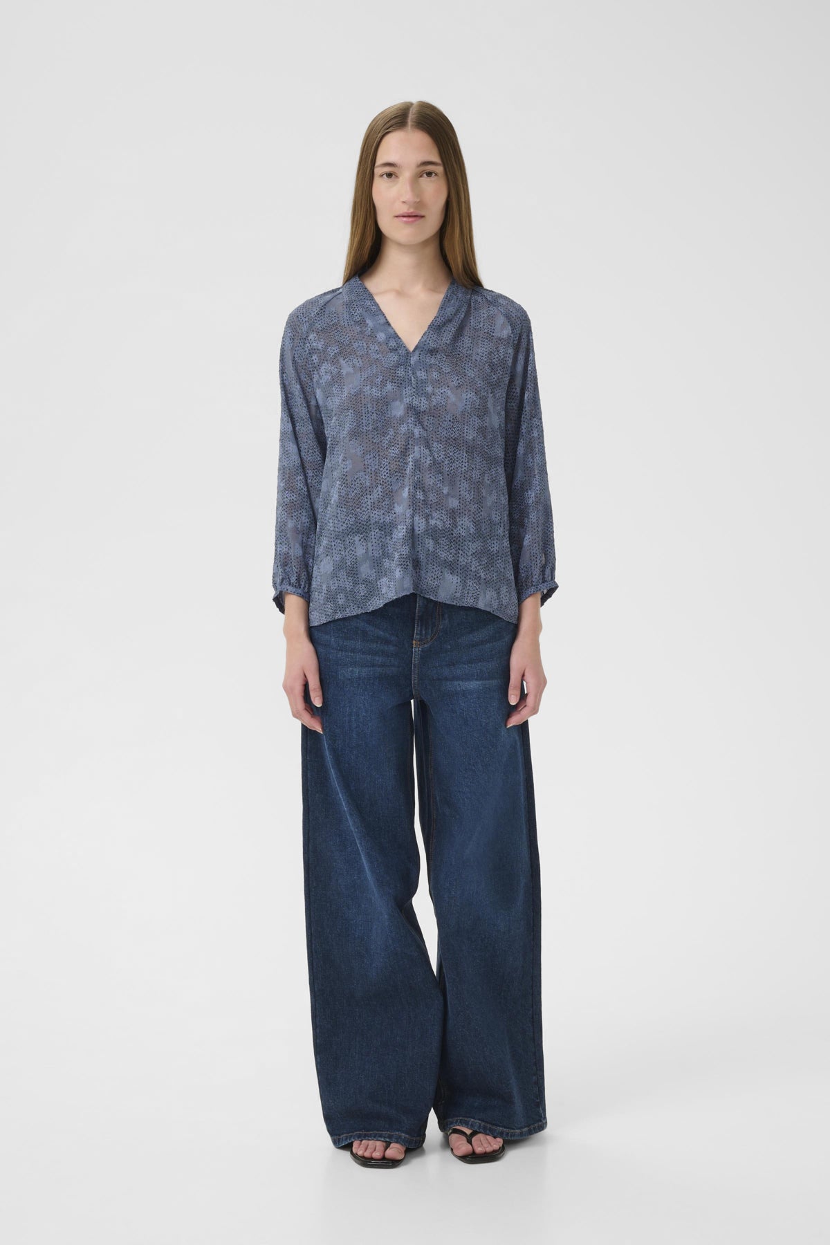 Inwear AddisonIW Blue Dot Print Blouse on woman, full-body front view styled with wide-leg trousers.