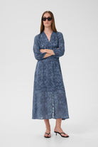 Oui Indigo Dotted Print V-Neck Maxi Dress on model