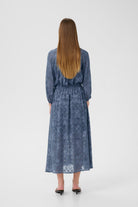 Oui Indigo Dot Print V-Neck Maxi Dress back view on model