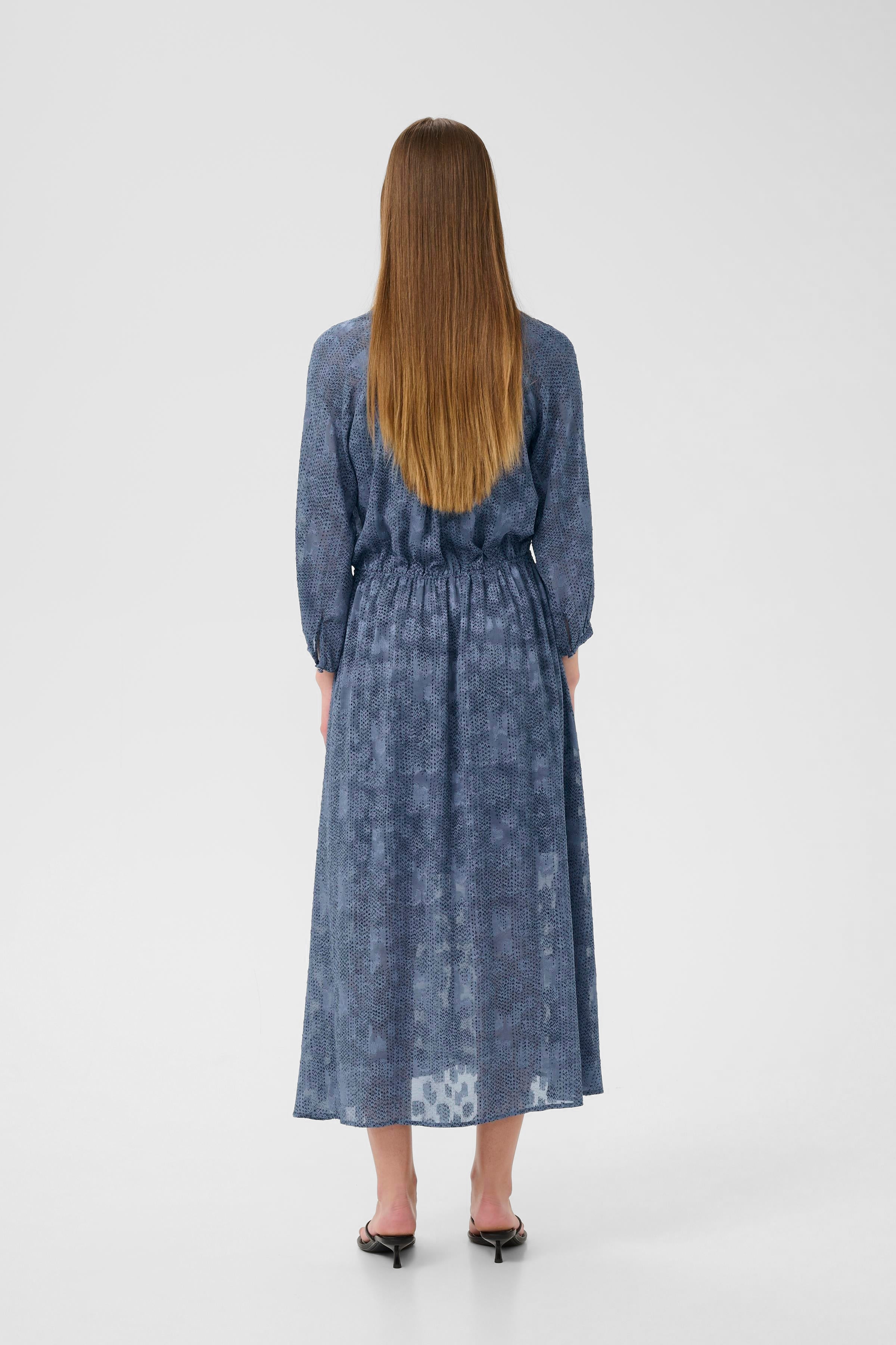 Oui Indigo Dot Print V-Neck Maxi Dress back view on model