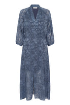 Oui Indigo Spot Print V-Neck Maxi day Dress flat front view