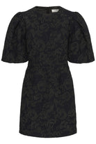 Flat lay front view of InWear Brill black brocade mini dress showing puff sleeve shape