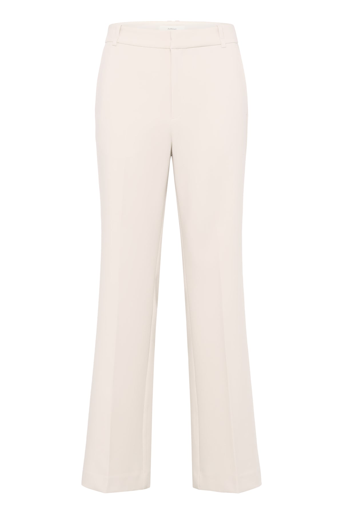 Studio flat lay of InWear Bryelle beige bootcut trousers with mid-rise waist