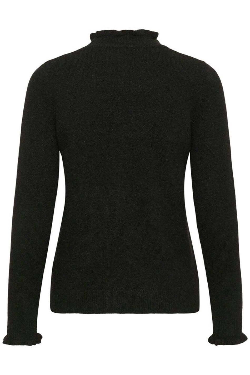 Studio shot of black InWear Anaja frill detail jumper on white background.