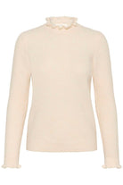 Studio product shot of cream InWear Anaja high neck jumper highlighting frill neckline and cuffs.