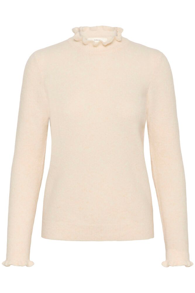 Studio product shot of cream InWear Anaja high neck jumper highlighting frill neckline and cuffs.