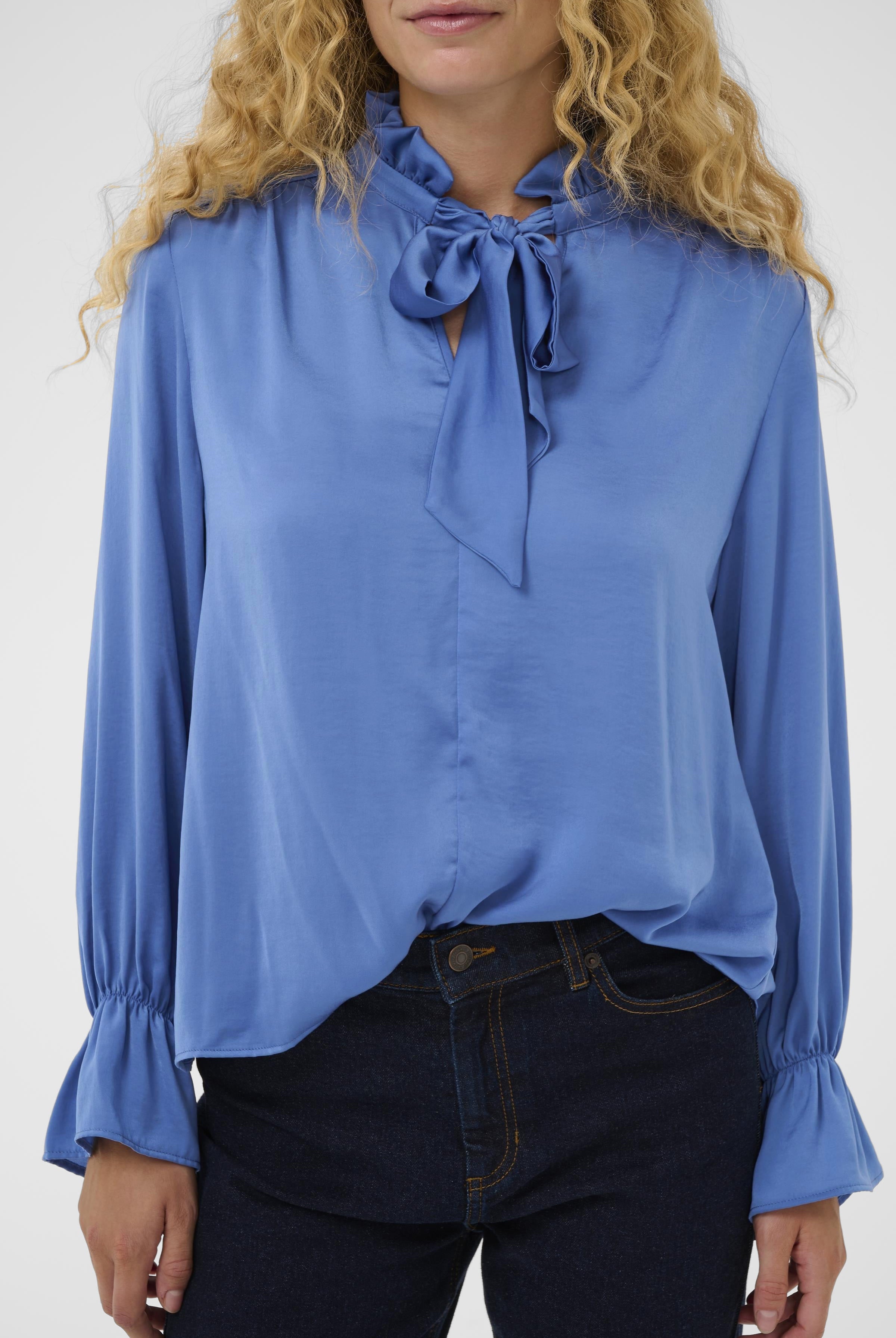InWear Gracie Blue Bow Blouse close-up of ruffled neck and bow detail