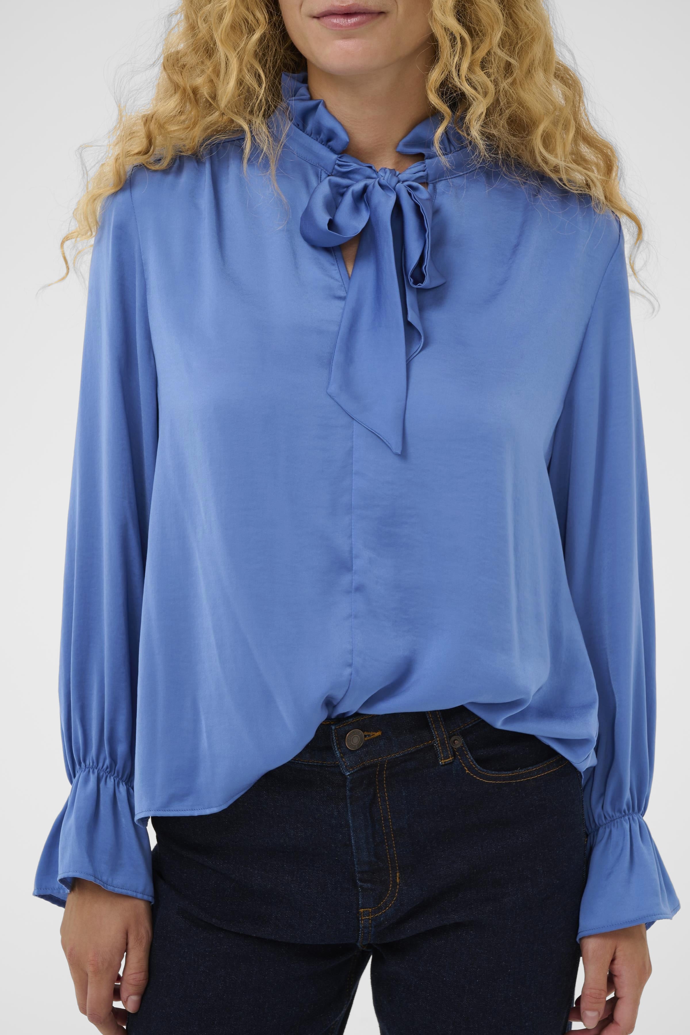 InWear Gracie Blue Bow Blouse close-up of ruffled neck and bow detail