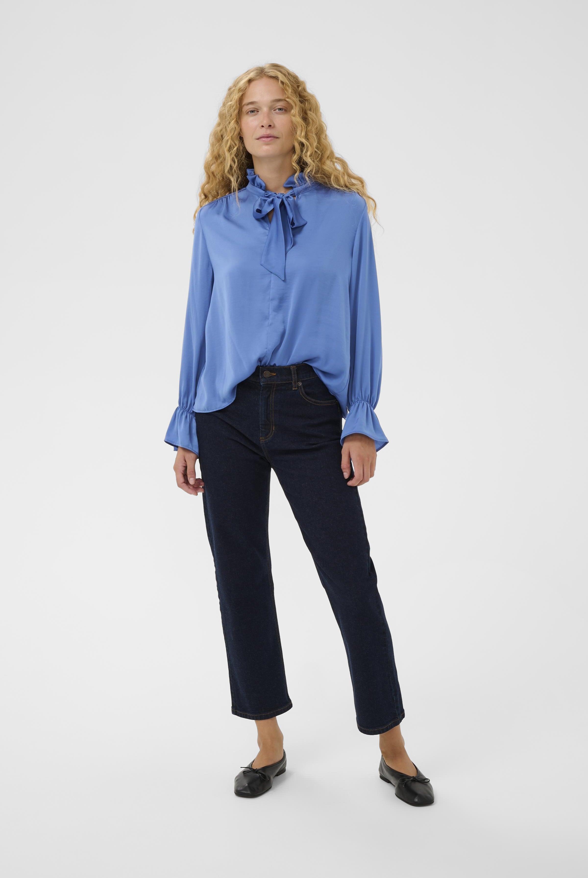 InWear Gracie Blue Bow Blouse side angle showing relaxed smart fit