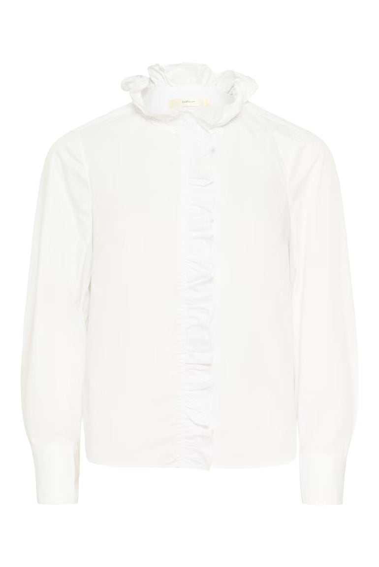 Flat lay of InWear white shirt with frill detail and long sleeves