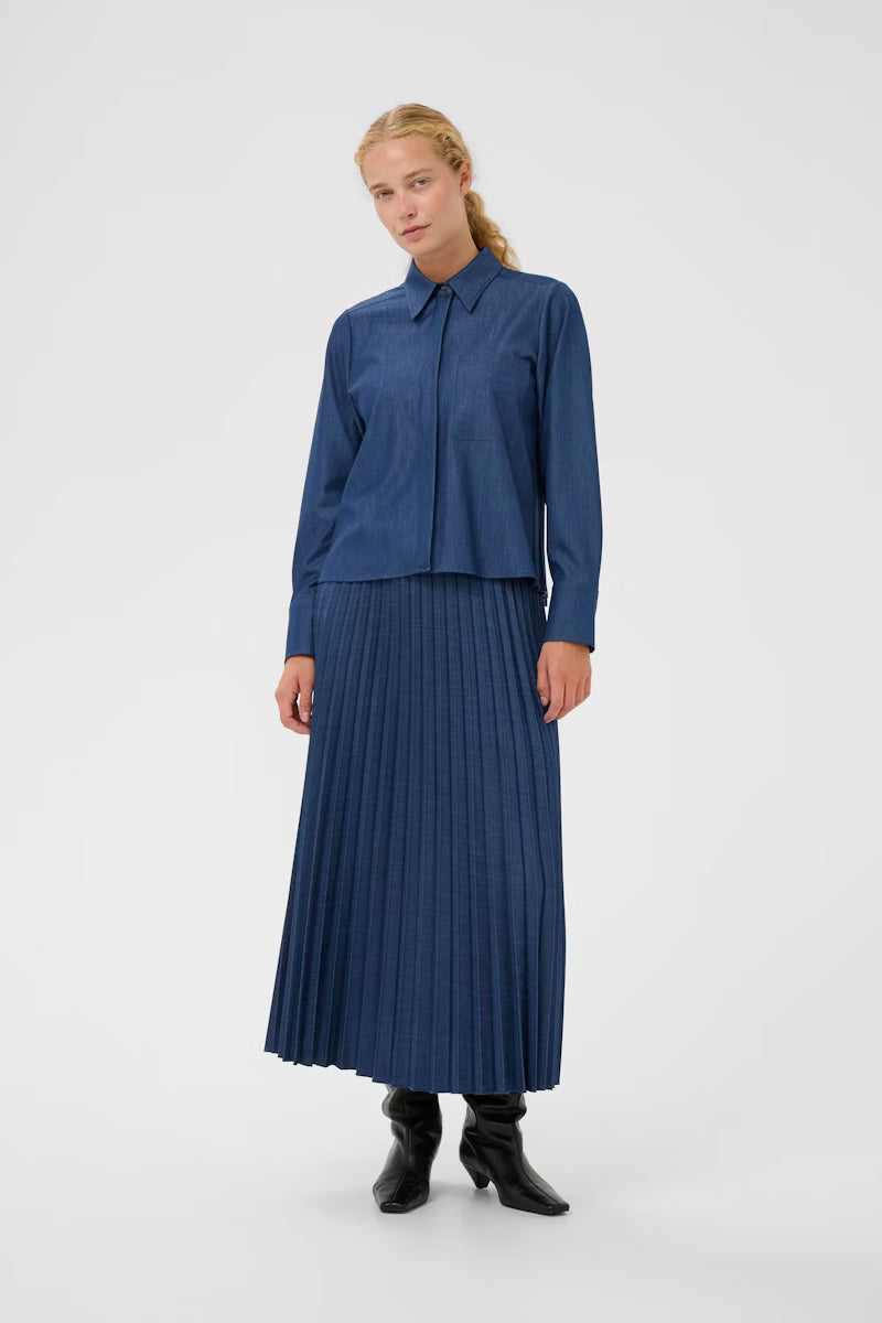 Model wearing InWear Cherrie pleated denim maxi skirt with matching shirt