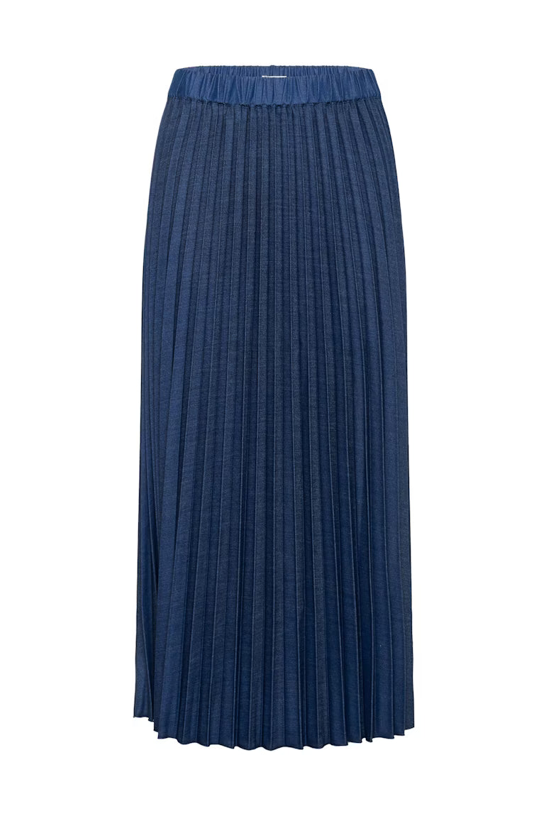Flat lay of InWear pleated denim skirt with elastic waistband detail