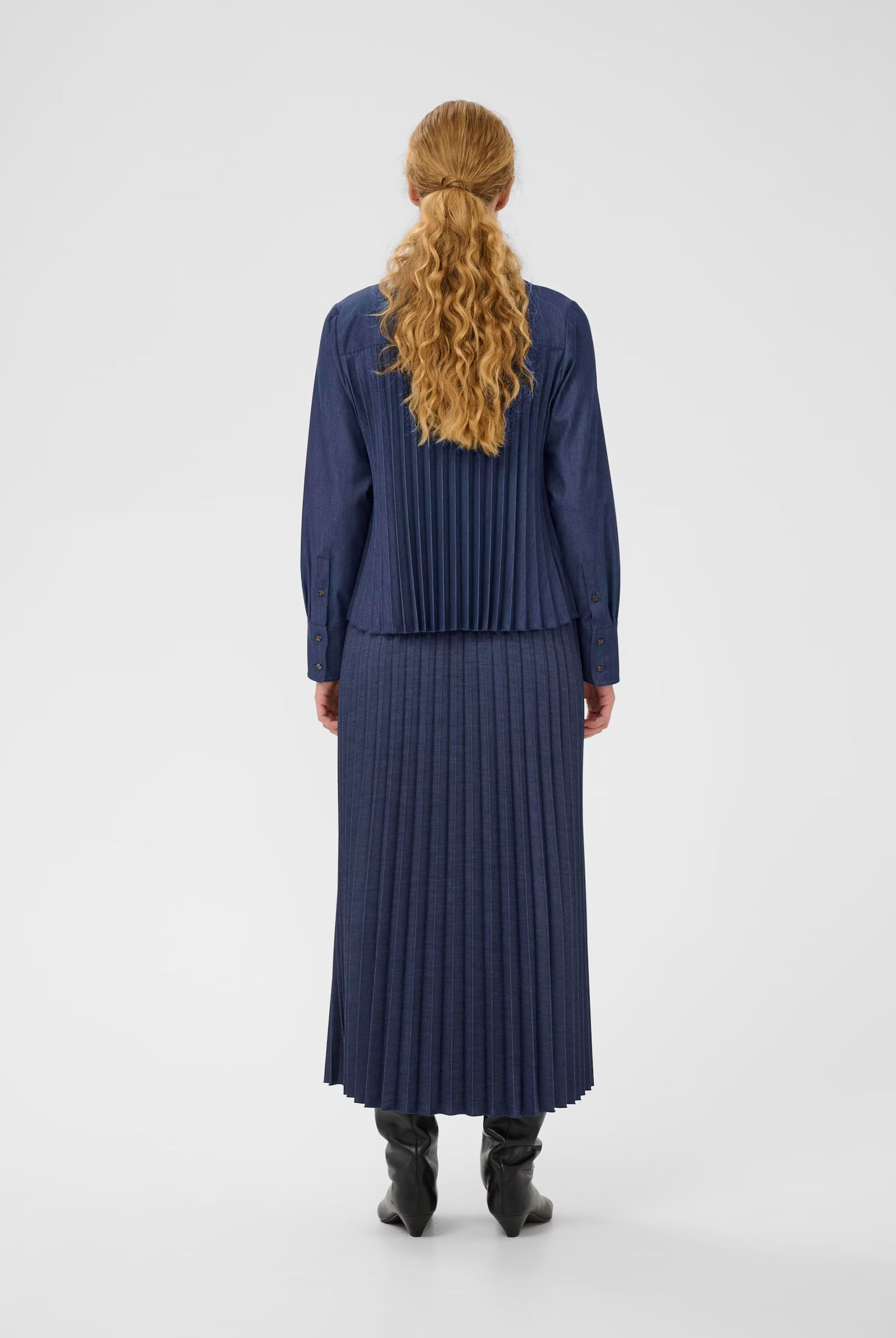 Back view of matching InWear denim co-ord with pleated detailing