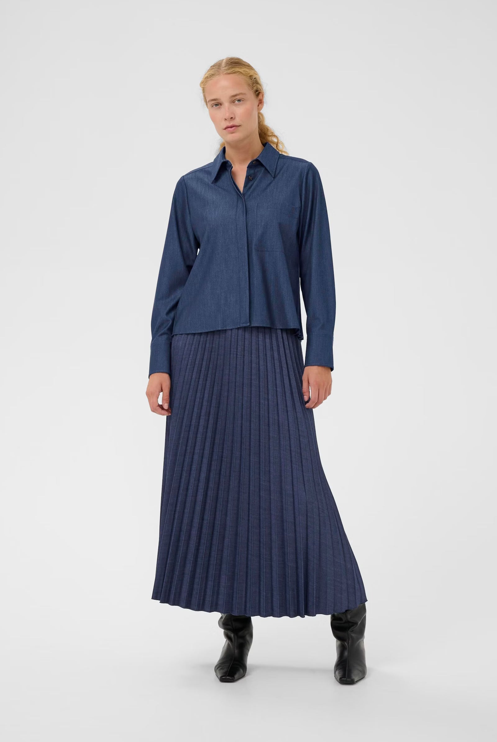 InWear Cherrie Shirt in denim with collar detail worn with matching denim pleated midi skirt