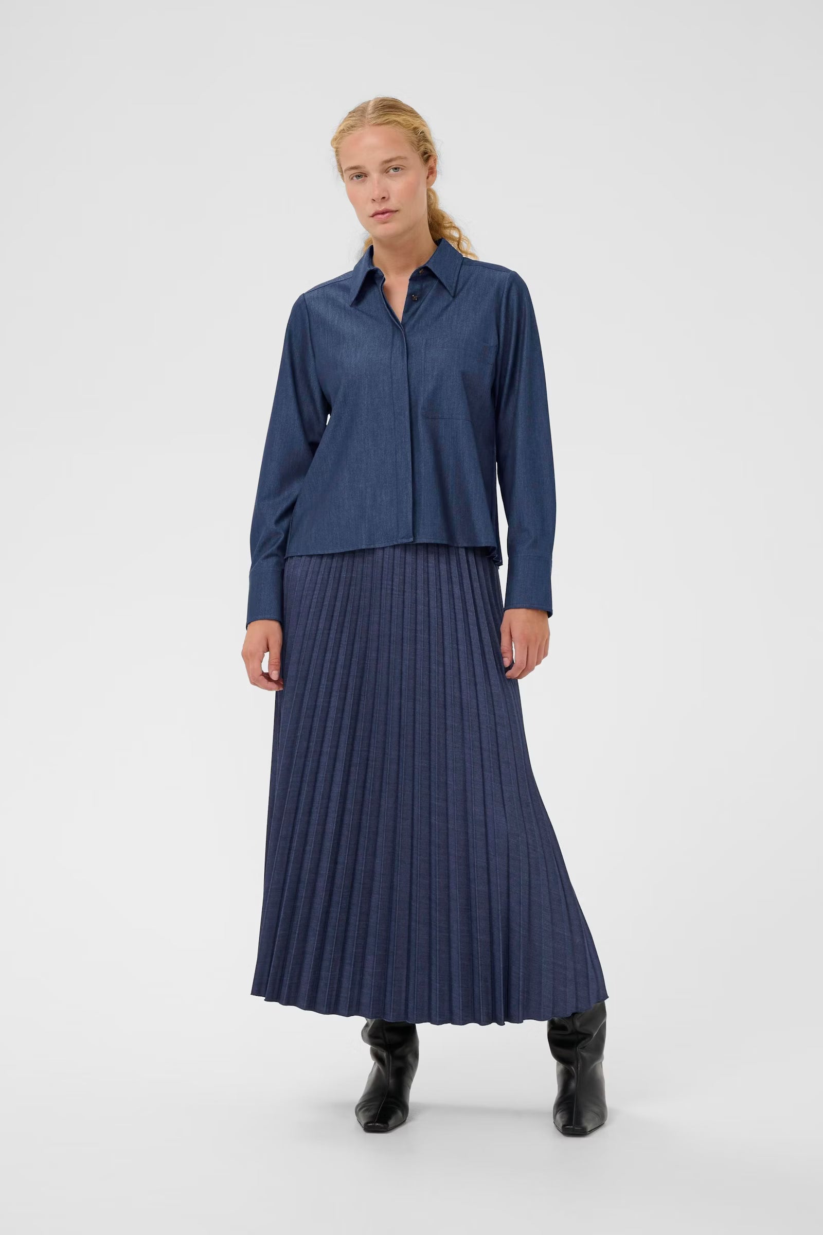 InWear Cherrie Shirt in denim with collar detail worn with matching denim pleated midi skirt