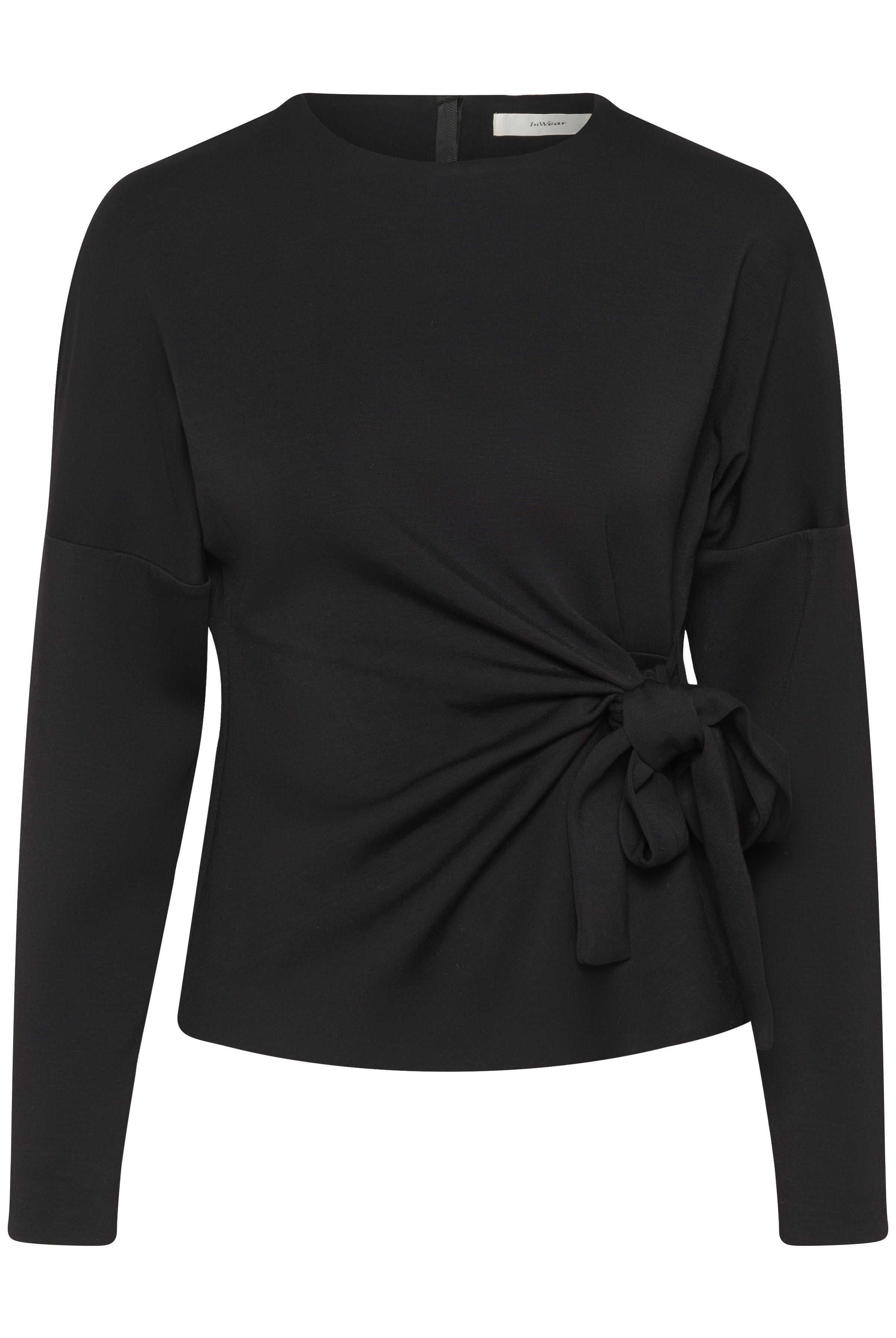 Flat lay of InWear Tricenti Knot Side Top with long sleeve in black jersey