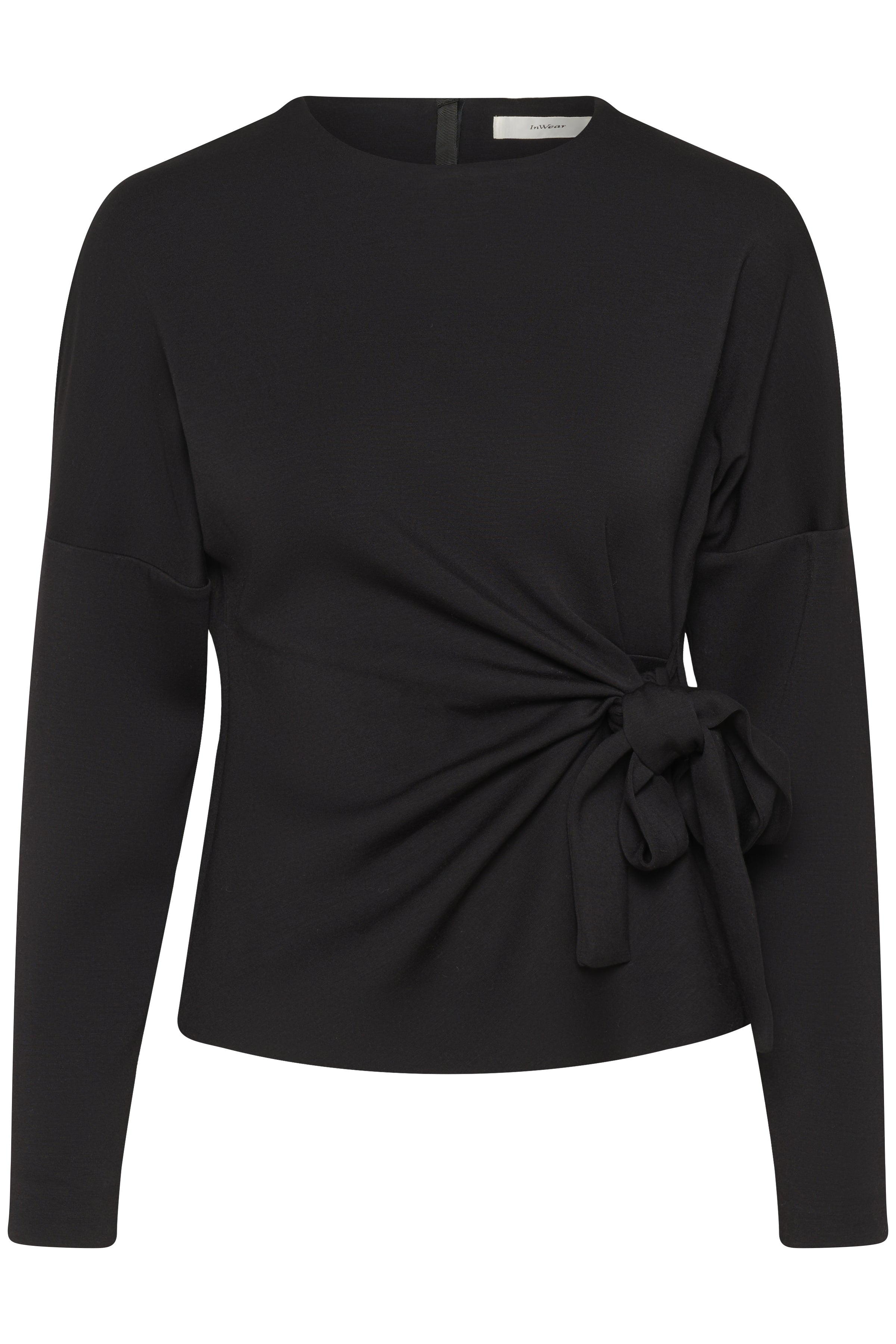 Flat lay of InWear Tricenti Knot Side Top with long sleeve in black jersey