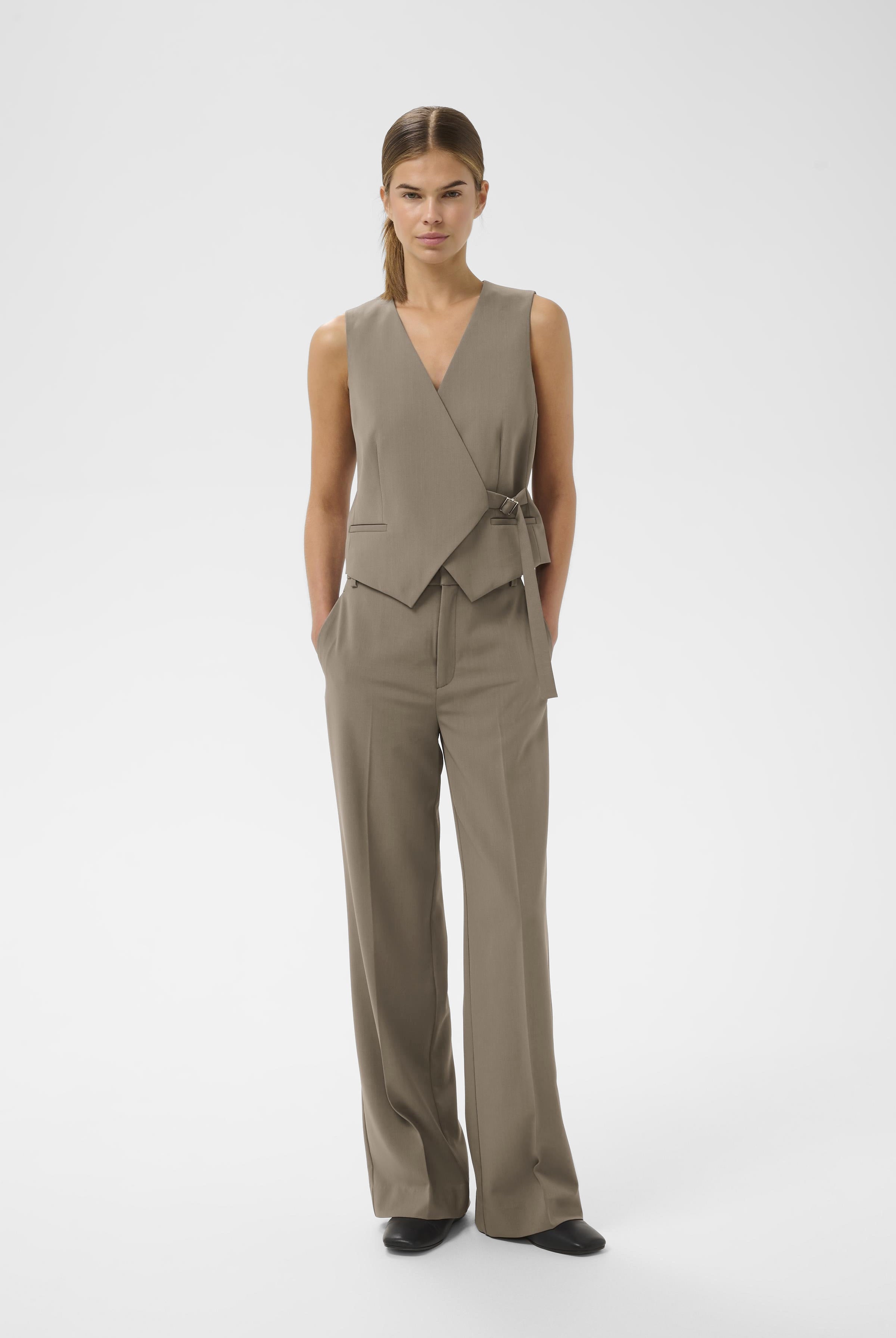 InWear Haisly sandy grey sleeveless waistcoat styled with matching trousers