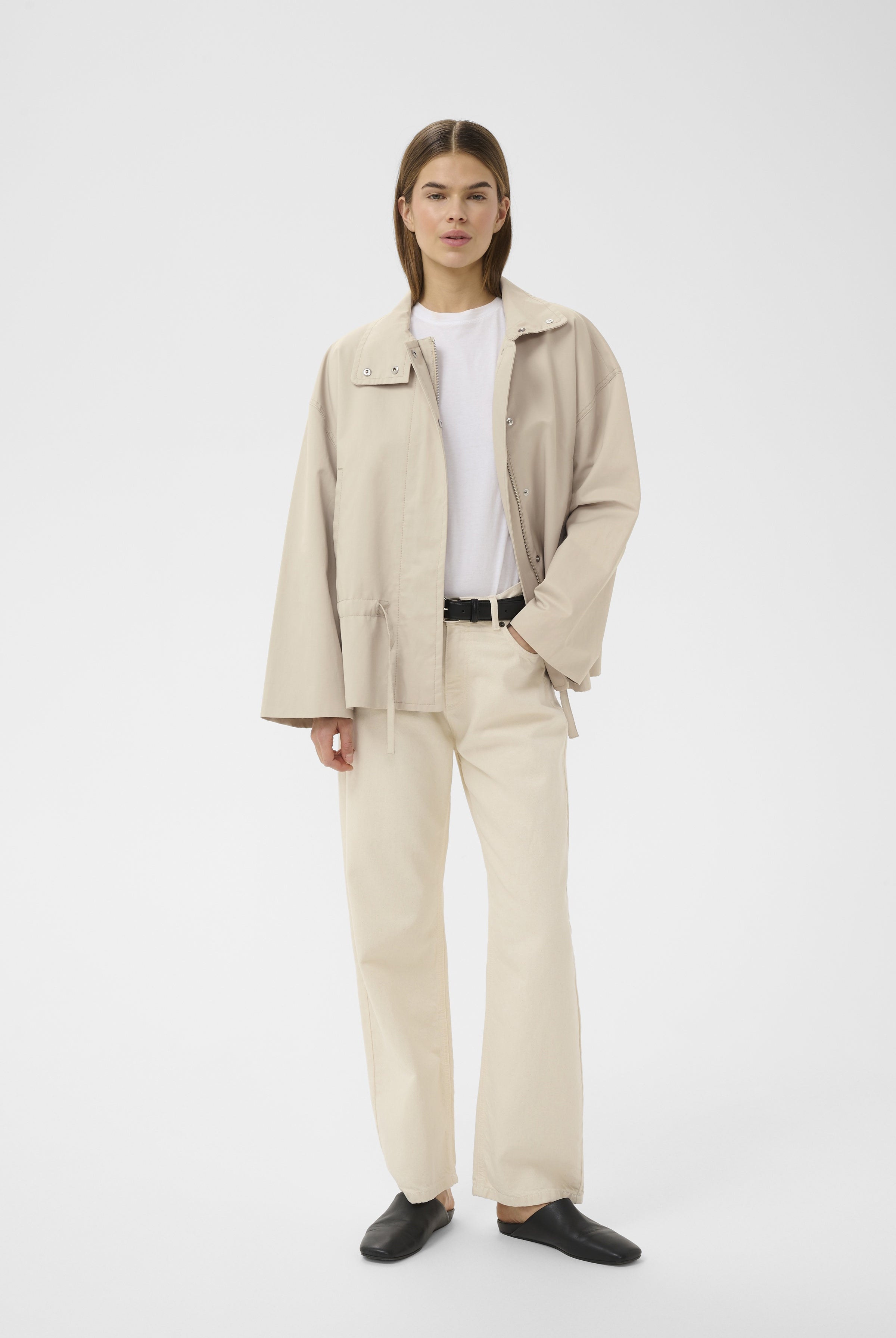 InWear Grace Lynn boxy loose fit jacket styled open over white top and trousers